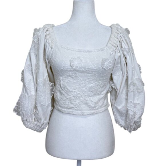 Free People Icing On Top Off-Shoulder Puff-Sleeve Embroidered White Crop Size S - Picture 1 of 9